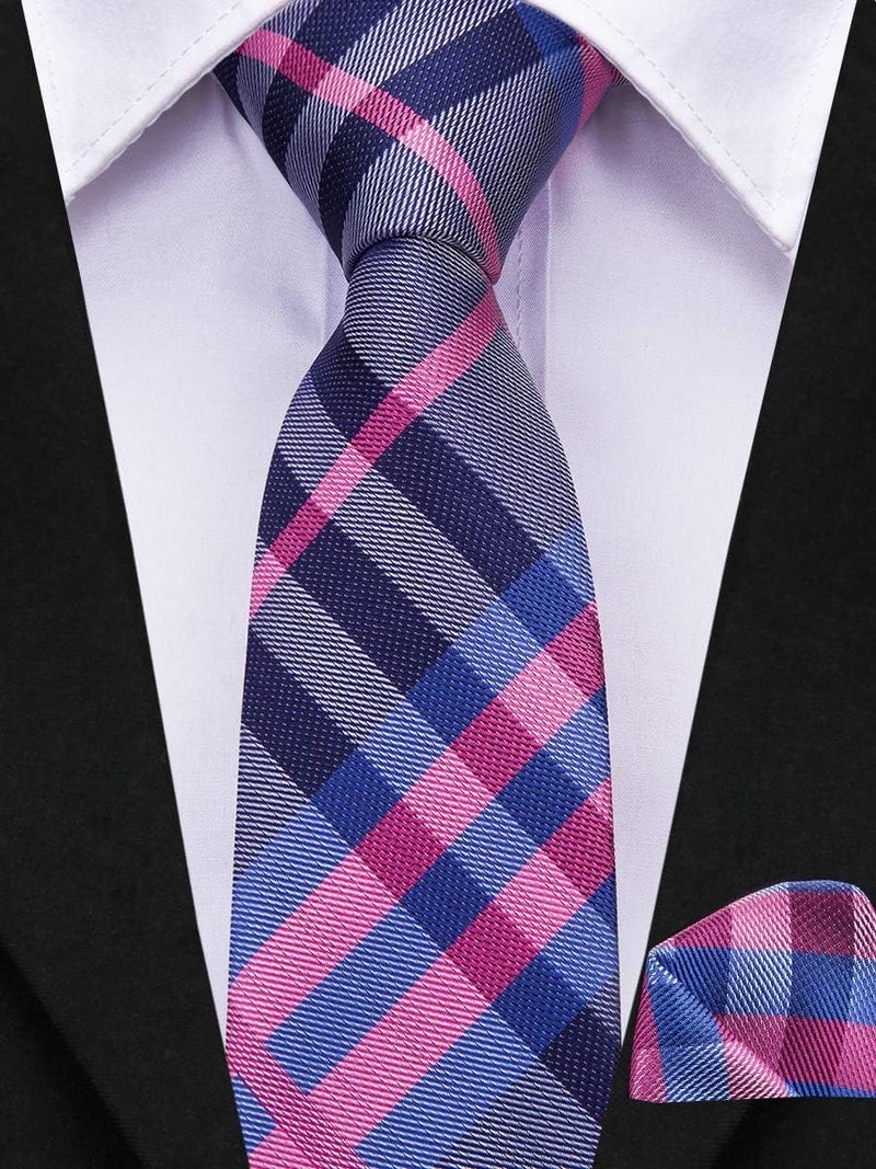 Dubulle Ties for Boys Blue Pink Self Tie Silk Plaid Kids Necktie and Pocket Square Set for Age 8-11 - Image 4